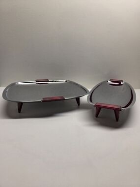 Vtg MCM Gourmates by Glo-Hill Chrome Bakelite Serving Tray Set  Square & Oblong